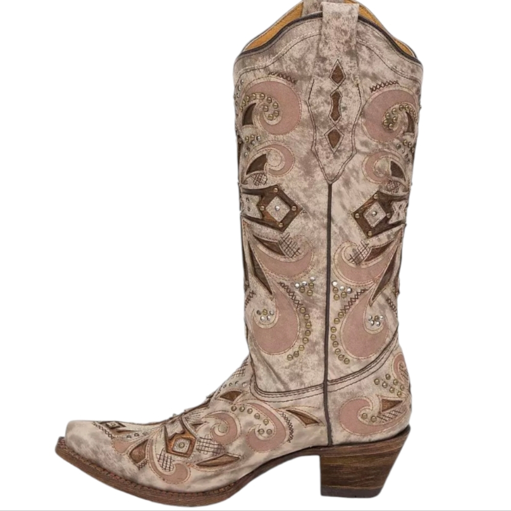 CORRAL AB084 "Sadler" ivory leather bronze cross cowgirl boot snip toe sz 9.5 - Picture 2 of 16